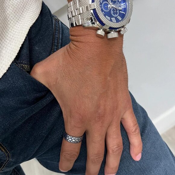 Blue Tire Ring, Stainless Steel Men's Band Solid Light Weight Feel - Picture 6 of 8